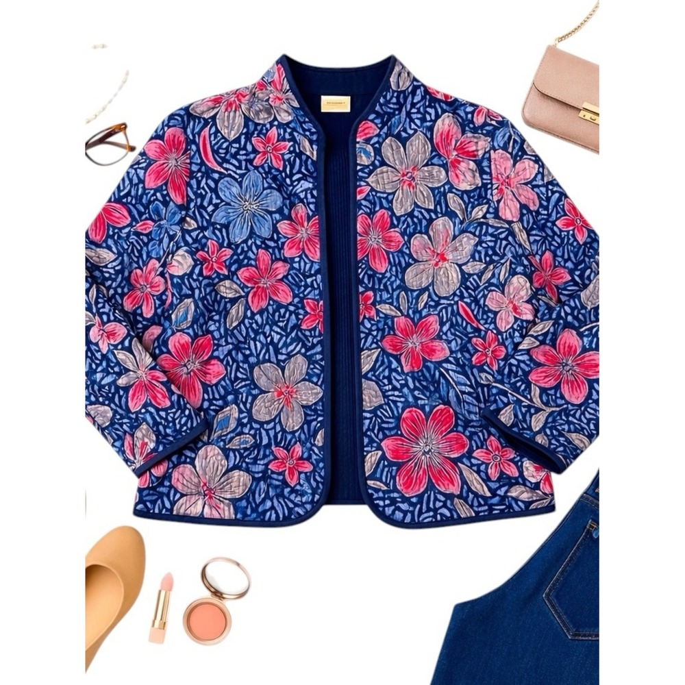 Alfred Dunner Floral Quilted Jacket Navy Pink Open Front Womens 18W EUC